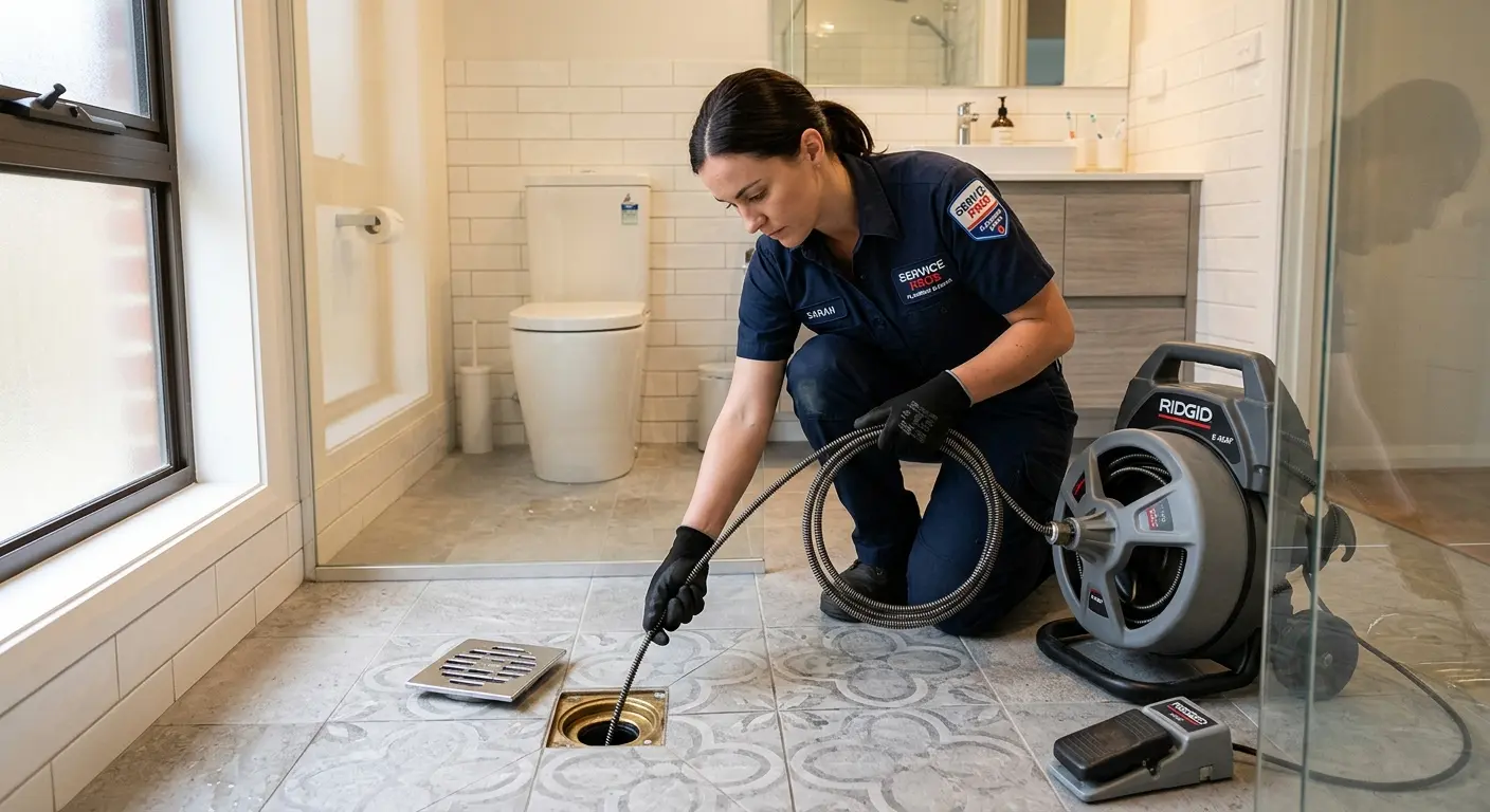 Technician clearing a bathroom floor drain for Hydro Jetting in Cypress Lake